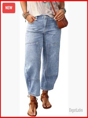 High Rise Barrel Jeans Elastic Waist Cropped Tapered Balloon Denim Ankle Pants
